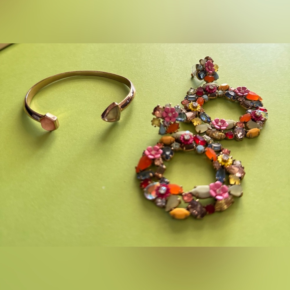 Vera Bradley Gold Cuff Bracelet & J.Crew Floral Designed Hoop Earrings.
